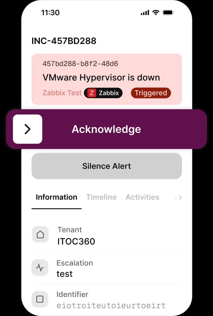 The ITOC360 mobile app alerting an on-call engineer, with acknowledge and escalate actions