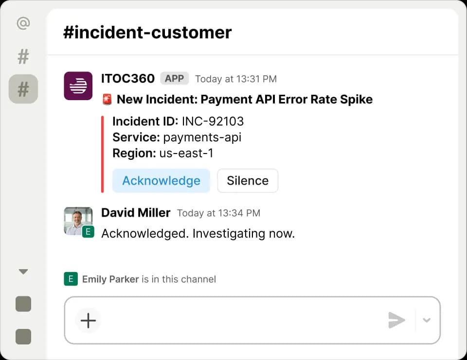 An ITOC360 incident being triaged from inside a Slack channel