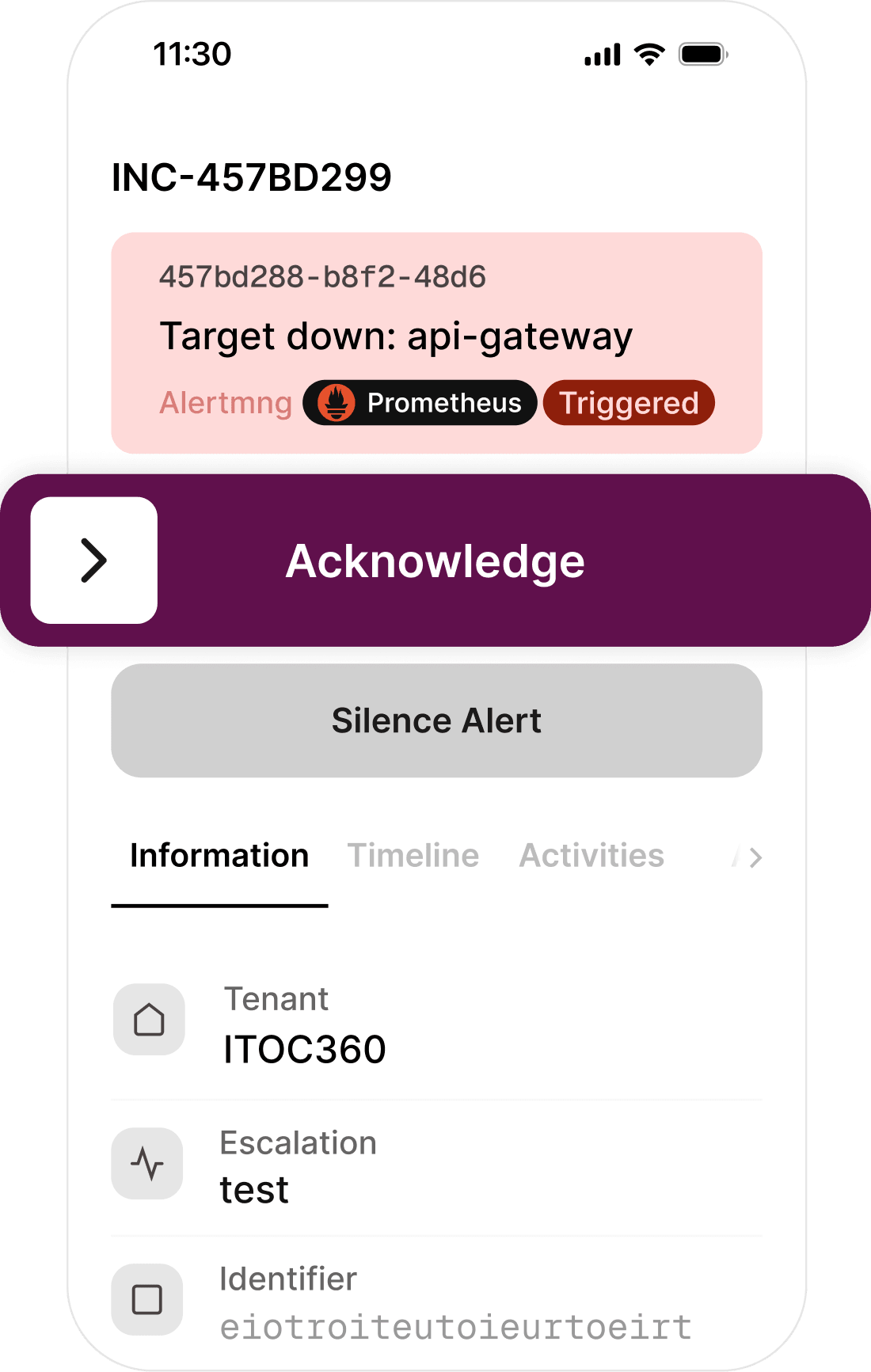 The ITOC360 mobile app alerting an on-call engineer, with acknowledge and escalate actions